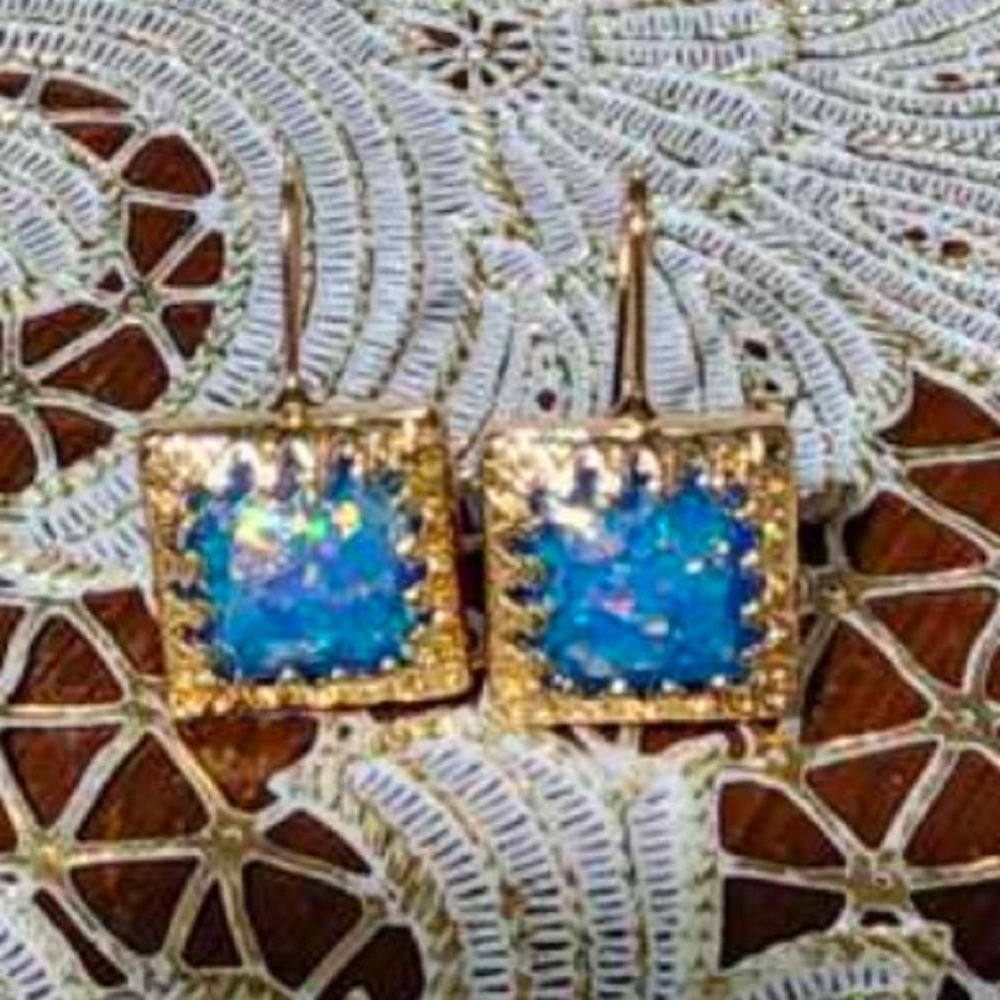 Blue Opal, Faux, Confetti Glitter Square Dangle Hook Gold color Earrings, Gift - Picture 4 of 4